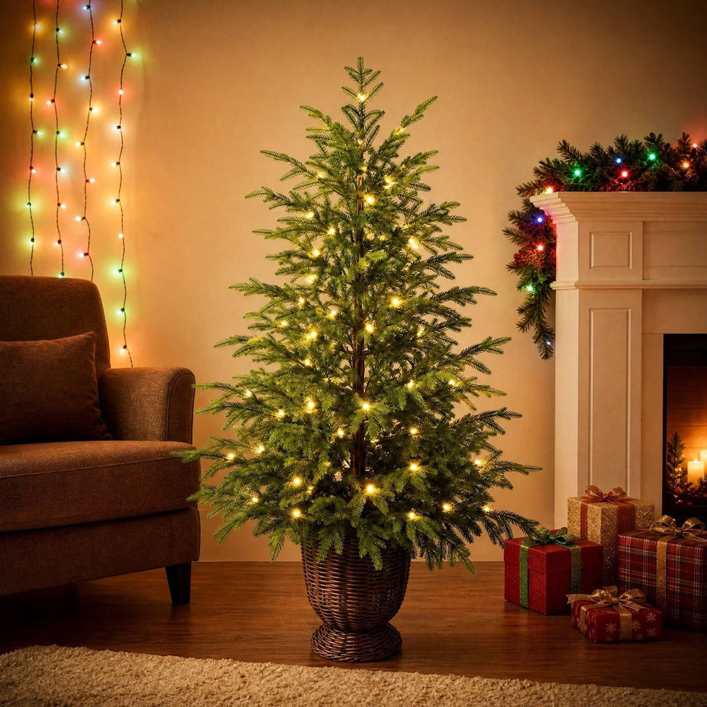 3ft Prelit Green Artificial Christmas Tree Lifelike Potted Spruce Xmas Tree With Warm LED Lights for Home,Office,Party Decoration,Hinged Design and Stable Base,Indoor Holiday Decor for Home
