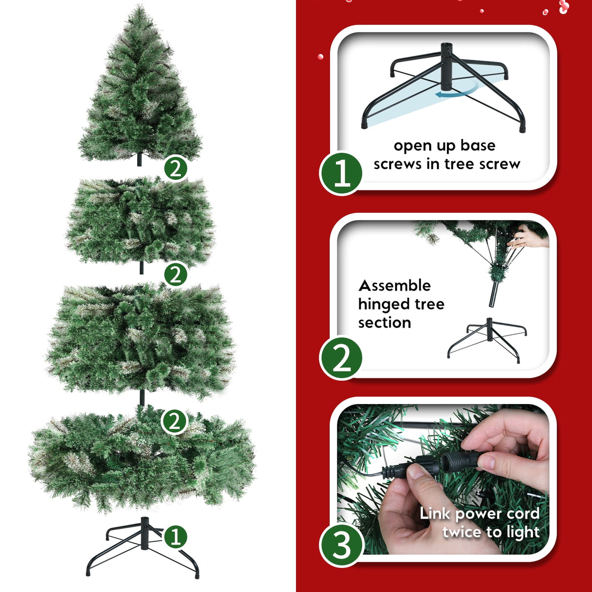TLSUNNY 8ft Pre-lit Artificial Christmas Tree, W/ 1000 Branche Tips, 450 LED Warm Lights, Fluffy Snow Flocked Pine Tree, Metal Stand Hinged Xmas Tree for Party Holiday Decor