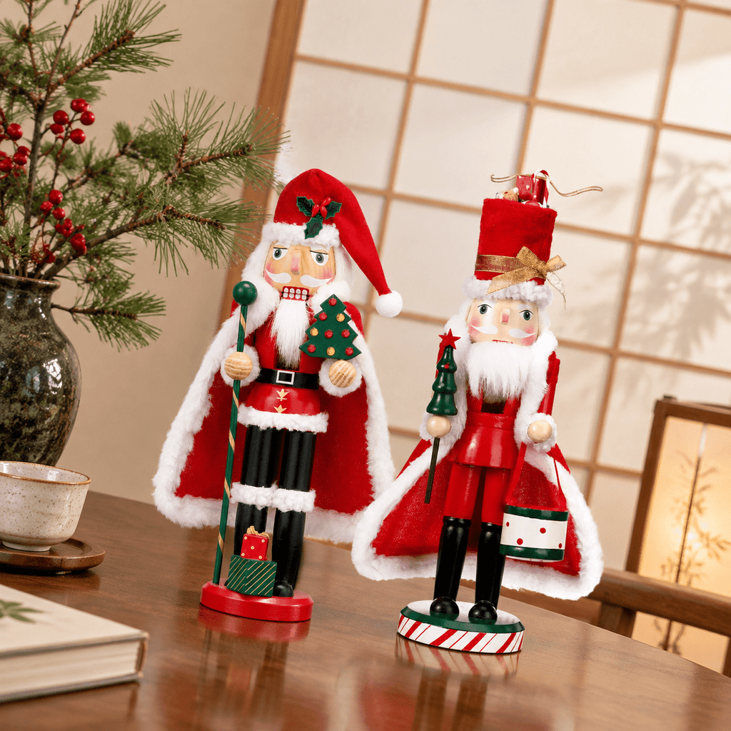 Set of 2 Wooden Christmas Nutcracker Figures, 14 Inch Santa Themed Holiday Decor