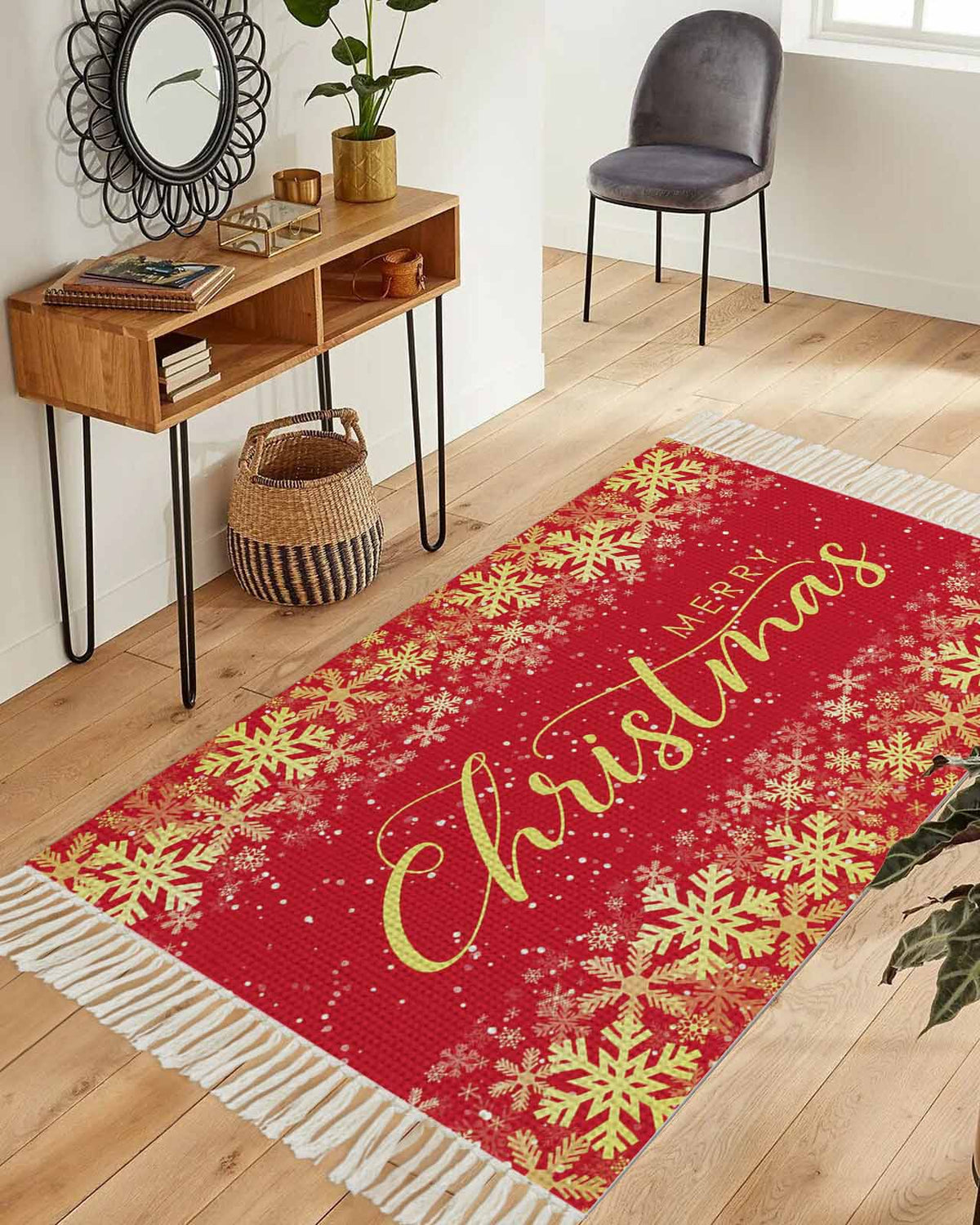Merry Christmas Area Rug 3x5ft Woven Runner Rug,Winter Snowflake Xmas Aesthetic Red Washable Living Room Hallway Bedroom Kitchen Carpet with Tassels,Indoor Outdoor Throw Door Mat for Entryway