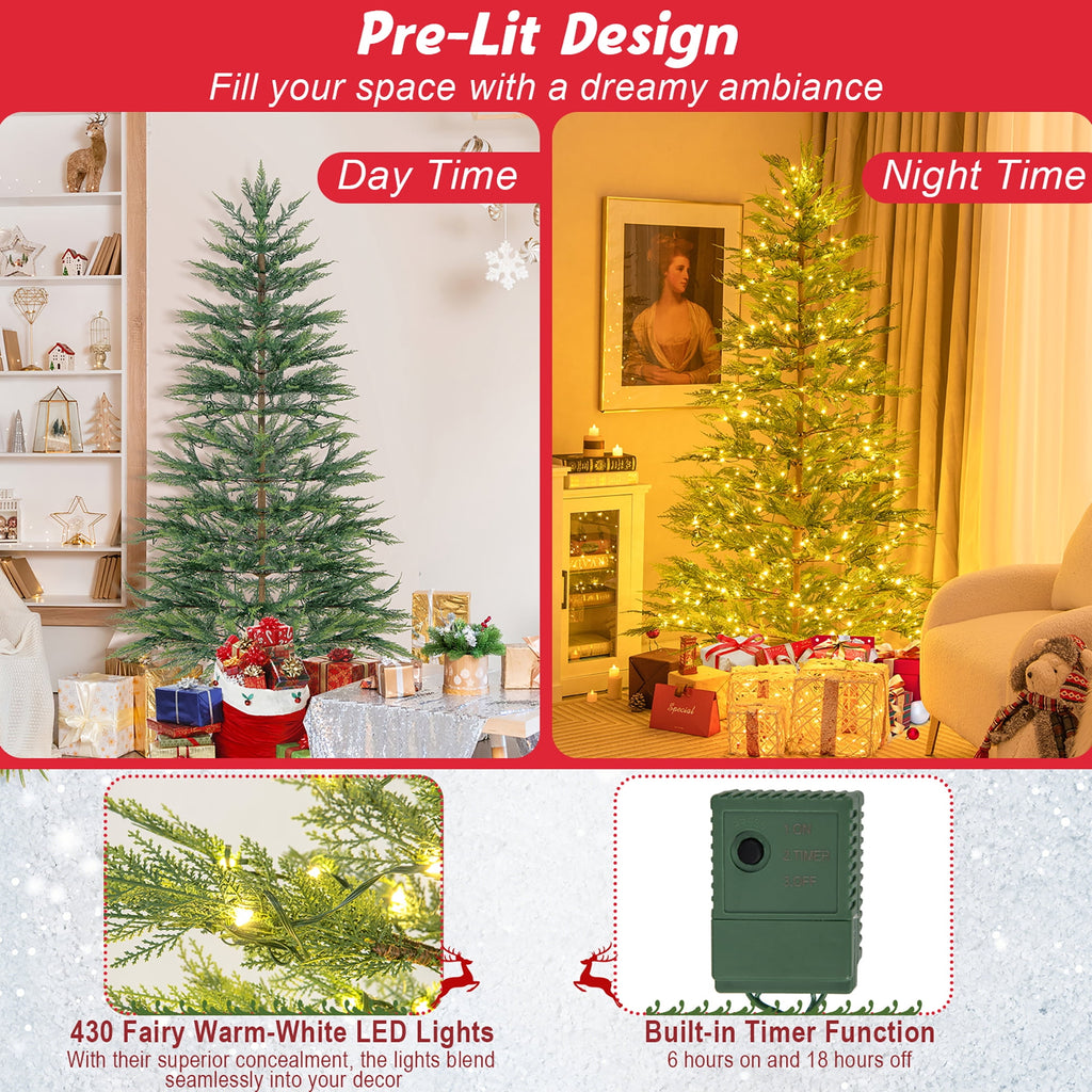 Gymax 7.5 FT Pre-Lit Artificial Christmas Tree Simulated Cypress Xmas Tree w/ Hinges