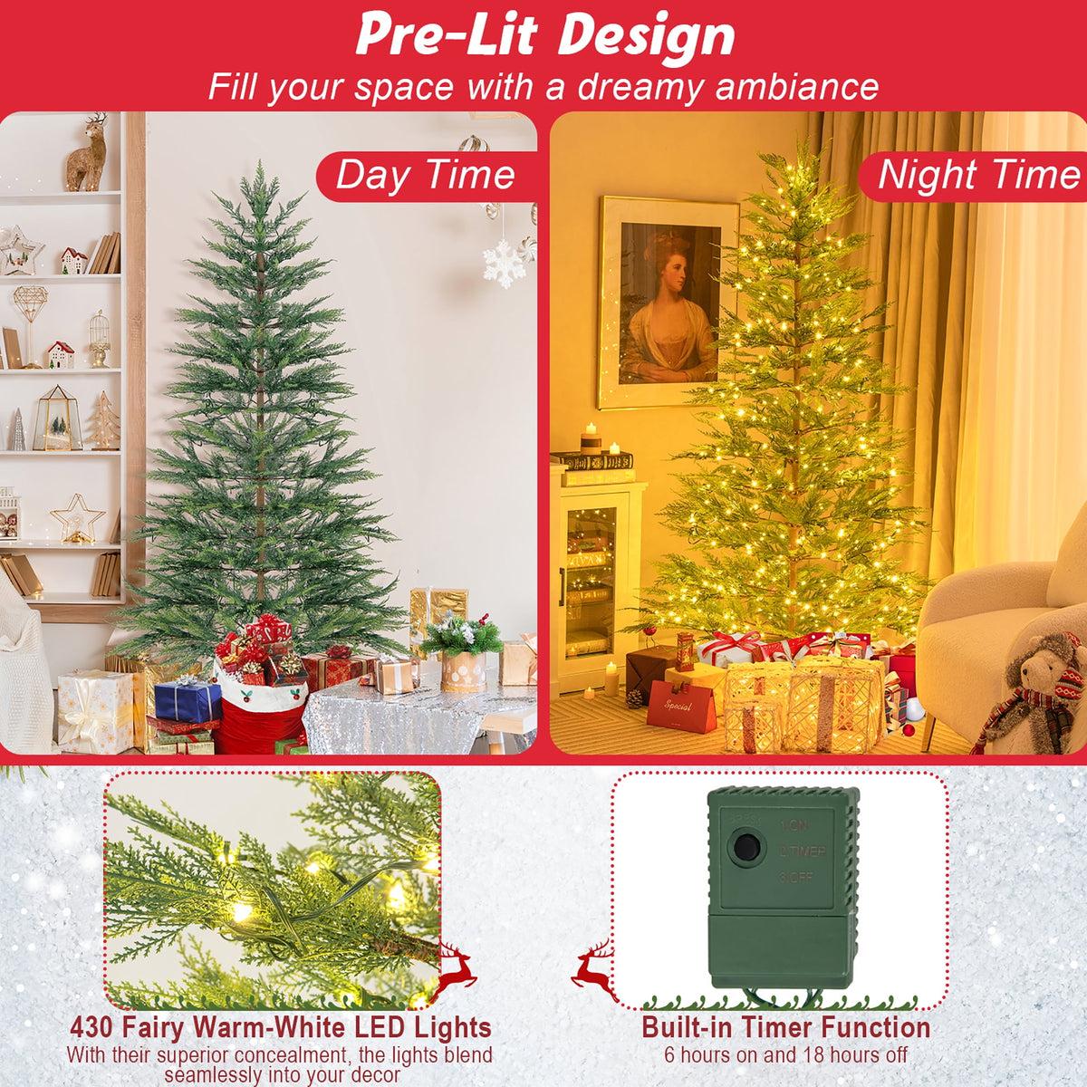 Gymax 7.5 FT Pre-Lit Artificial Christmas Tree Simulated Cypress Xmas Tree w/ Hinges