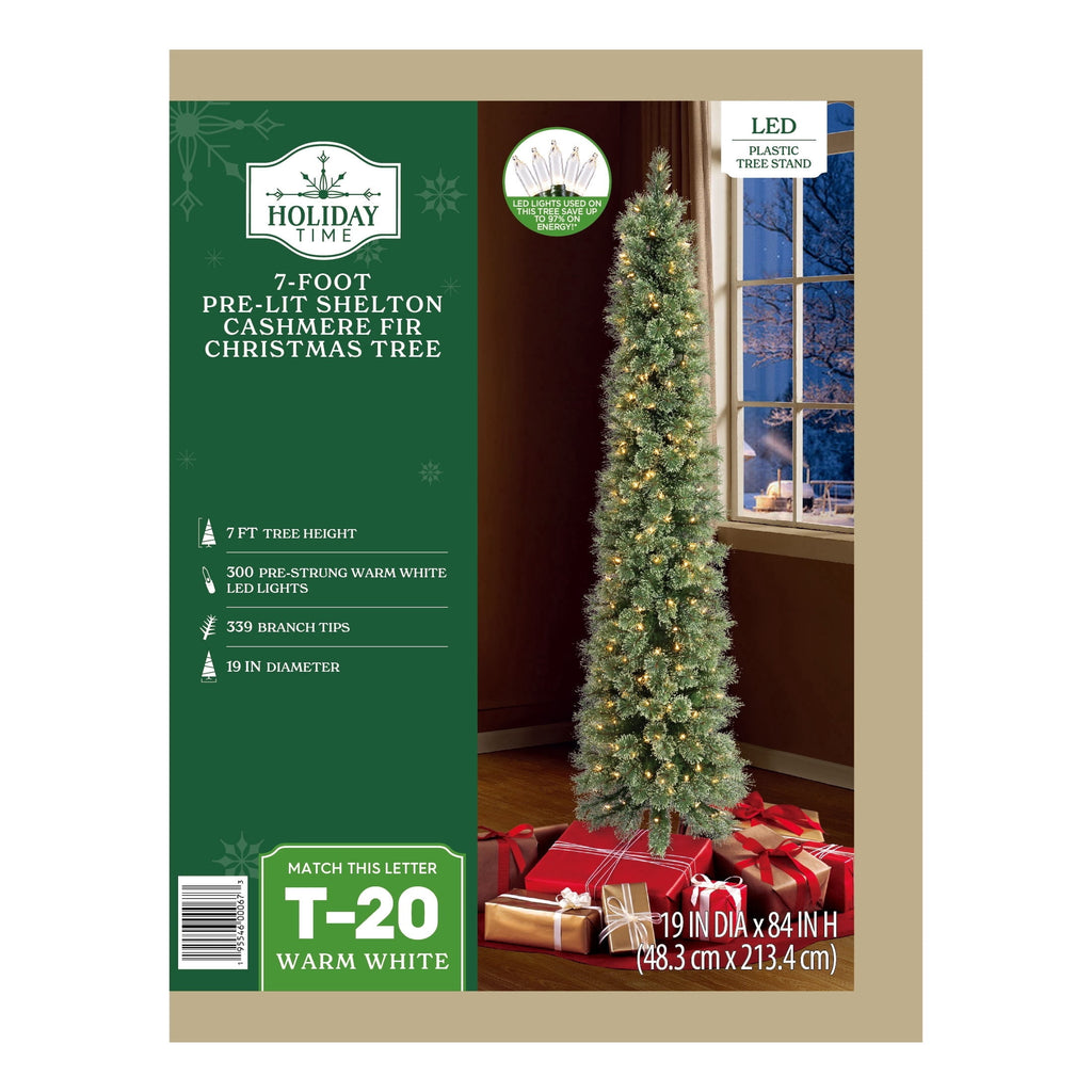 7' Pre-Lit Shelton Cashmere Pencil Fir Green Artificial Christmas Tree with 300 Warm White LED Lights and Stand, by Holiday Time