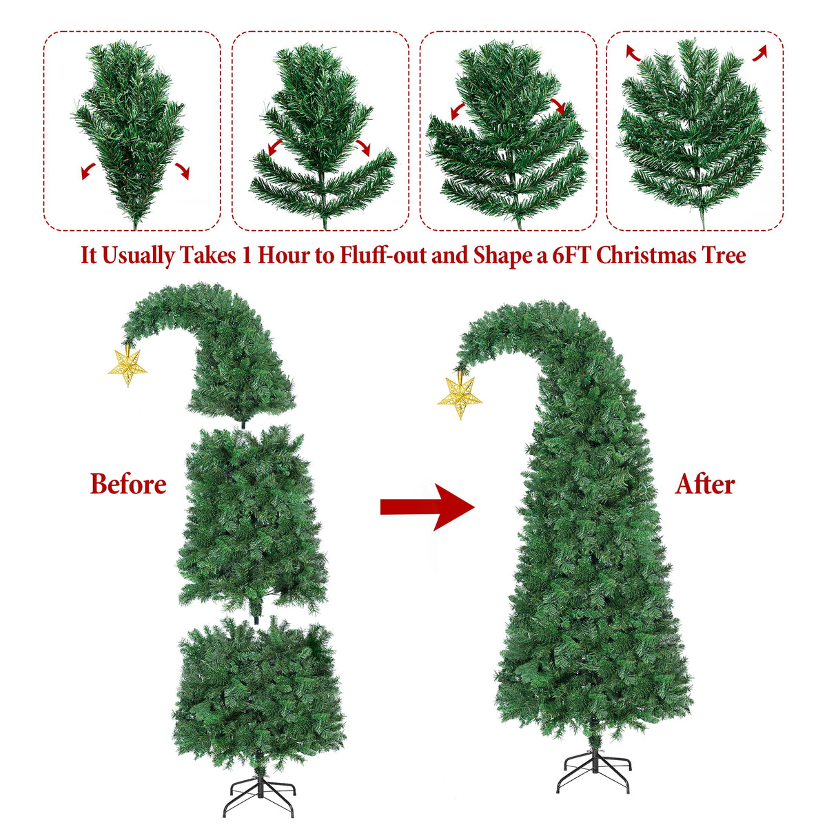 Firstness 7.5Ft Christmas Tree Crooked Neck, Prelit Artificial Xmas Tree with 400 Colorful Lights & 11 Modes, 1350 Branch Tips, Storage Bag, PVC Bendable Top Christmas Tree