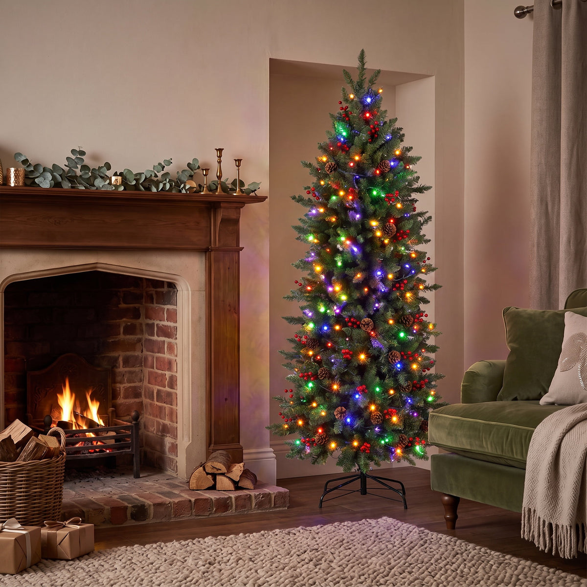 Legooin 6ft Pre-lit Slim Christmas Tree Skinny Hinged Artificial Xmas Tree with 250 Color-Changing Lights+957 Branch Tips