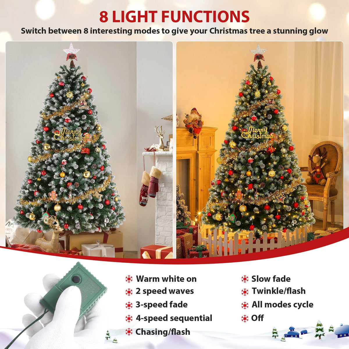 Funcid 6ft Artificial Christmas Tree with 8 Adjustable Light Flash Rate Modes, Decorated Xmas Tree with Pine Cones, Hinged Partially Flocked Christmas Tree with Foldable Metal Base