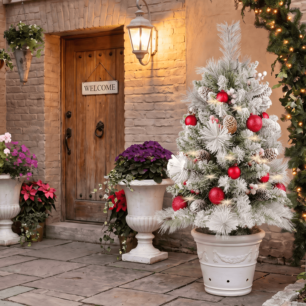 2 Pack 30 inch Prelit Outdoor Christmas Tree, Small Pre-Decorated Green Xmas Tree with Cones & Red Berries, 30 Warm Lights, Urn Filler Holiday Decor for Entrance Driveway, Yard, Garden