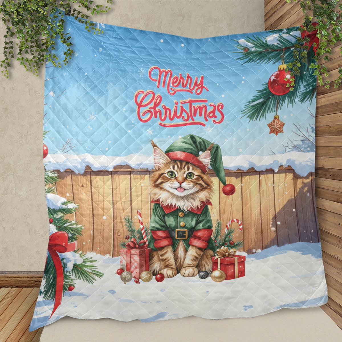 Merry Christmas Meowy Catmas Xmas Noel Maine Coon Elf Candy Cane Snow Quilt Blanket Cat Lover Kitten Owner Gifts Cozy Comforter Throw Blanket - 13017
