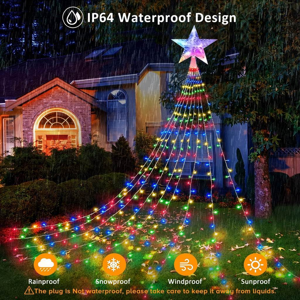PMMIPNW Christmas Tree Lights Plug in 180LED, 8 Modes Christmas String Light with Topper Star, Waterfall Xmas Tree Lights with Timer for 6ft - 8ft Tree Wall Decoration (Multicolor)