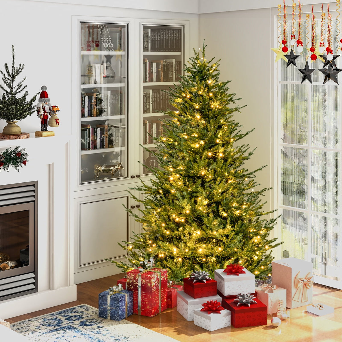 Topbuy 6FT Artificial Christmas Tree Pre-lit Xmas Tree with 280 Warm White LED Lights 8 Lighting Modes 788 PE & PVC Branch Tips