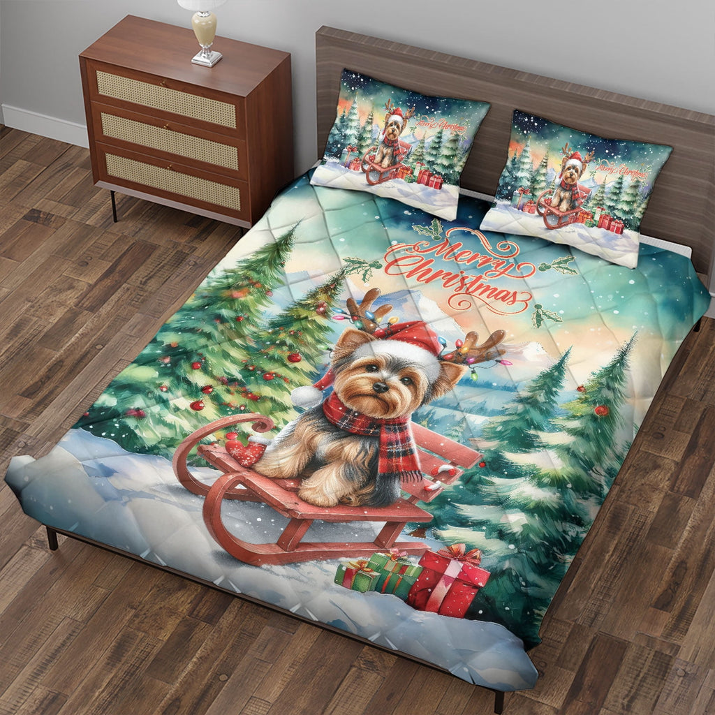Merry Christmas Santa Reindeer Antlers French Bulldog Sleigh Xmas Winter Holiday Quilt Bedding Set Dog Lover Gifts 1 Blanket Bed Cover 2 Pillowcases - 00023