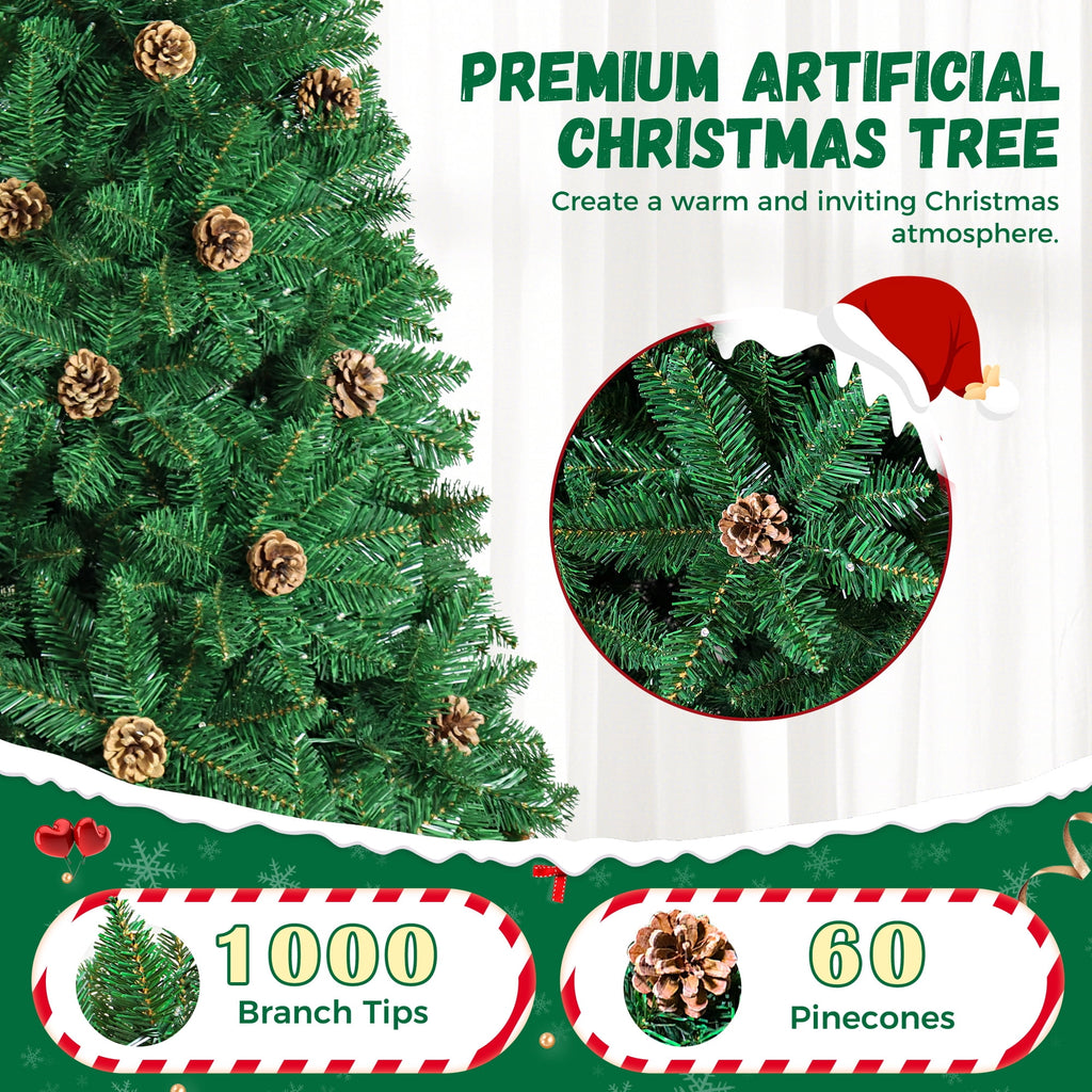 Yexmas 6FT Pre-Lit Green Christmas Tree with Pinecones, Artificial Xmas Tree with Large Storage Bag for Indoor Christmas Decorations
