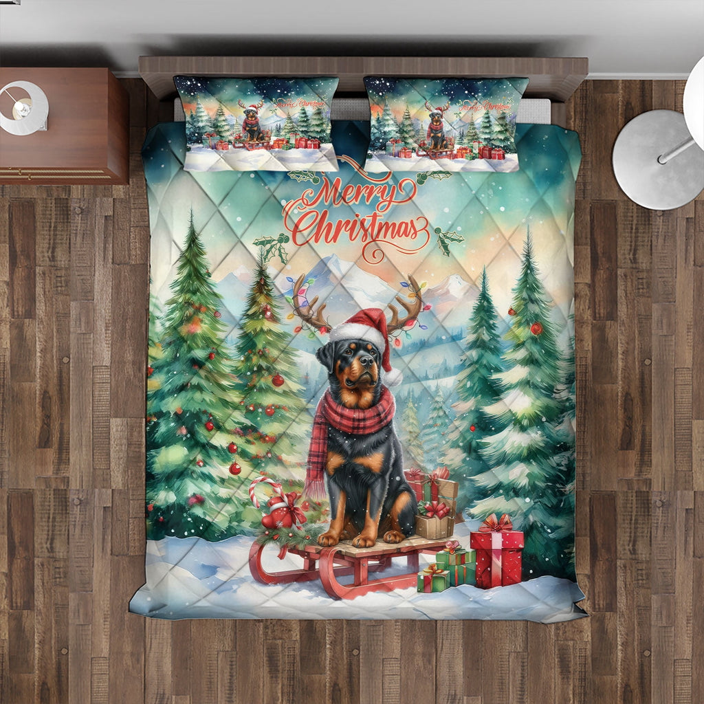 Merry Christmas Santa Reindeer Antlers French Bulldog Sleigh Xmas Winter Holiday Quilt Bedding Set Dog Lover Gifts 1 Blanket Bed Cover 2 Pillowcases - 00023
