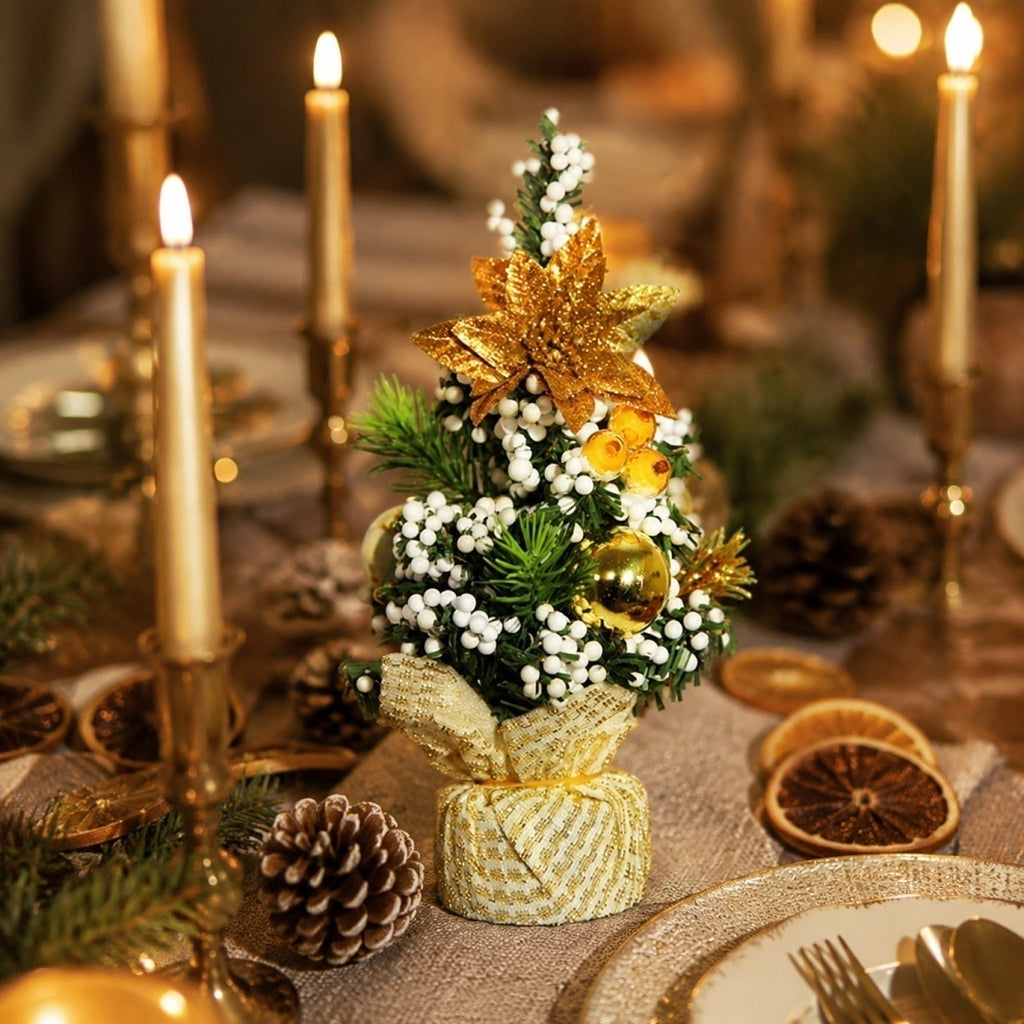 Surpdew Mini Christmas Tree Table Top Decorations- 9" Artificial Small Pine Trees with Burlap Base on Desktop, Shelves, Bedroom, Miniature Scenes Xmas for Home, Office, Party Decor