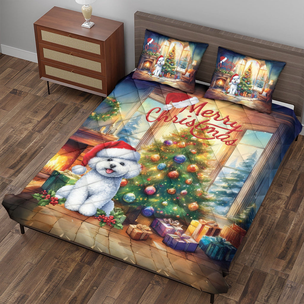 Merry Christmas French Bulldog Santa Hat Xmas Tree Winter Holiday Quilt Bedding Set Dog Lover Gifts 1 Blanket Bed Cover 2 Pillowcases - 01013