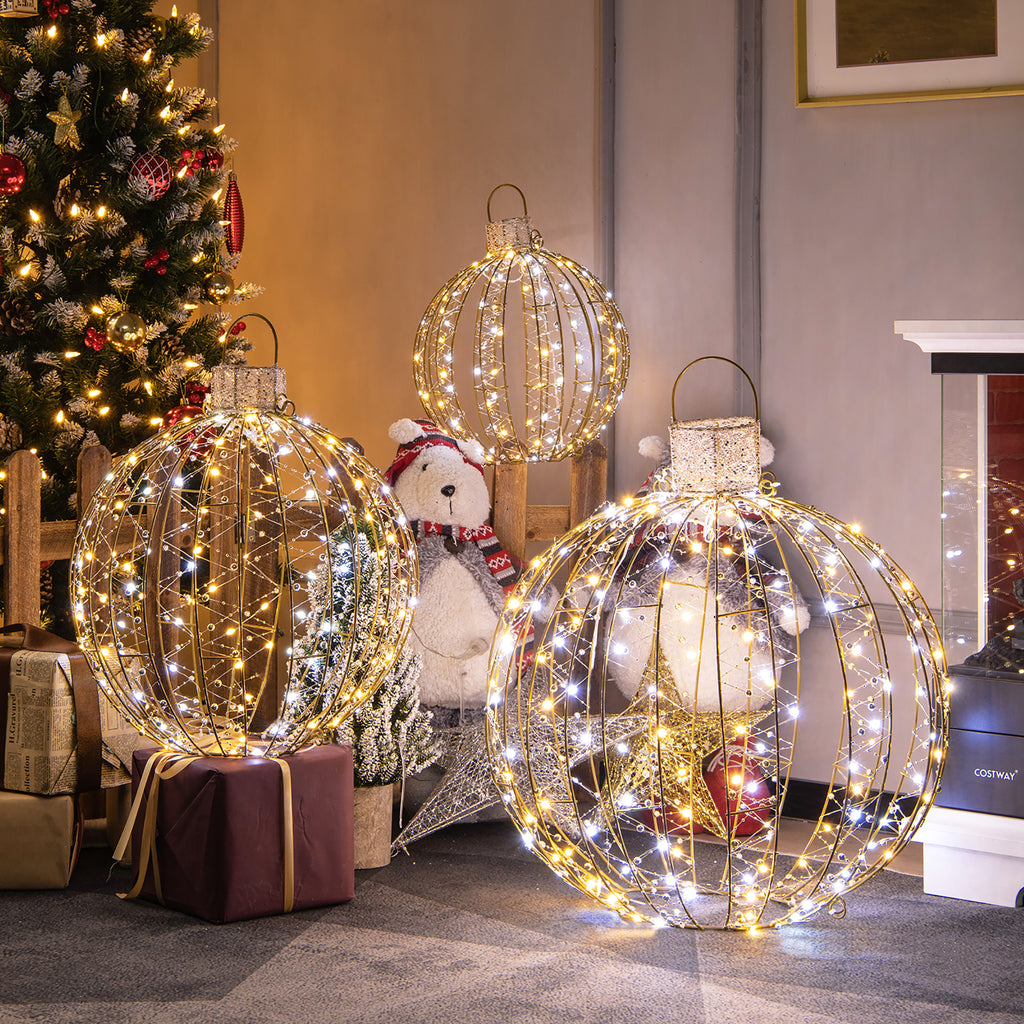Gymax Set of 3 Christmas Globe Light Hanging Tree Light Ball Decor w/ Steel Frame & LED Lights