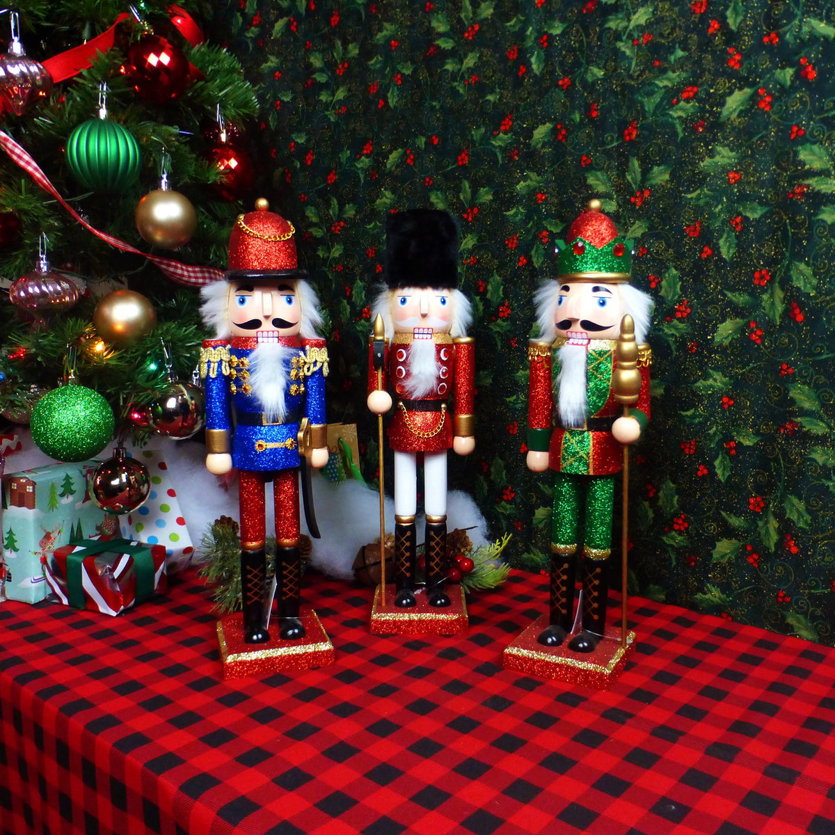 Holiday Depot Multi-color Costume Traditional Wooden Christmas Decorative Nutcrackers, with Glitter Styles 3 Count