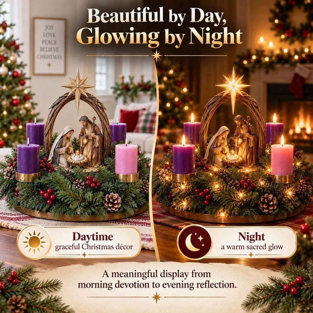Lighted Nativity Advent Wreath,Sacred Christmas Centerpiece with Four-Week Lighted Journey,Festive Holiday Decor for Faith-Filled Homes