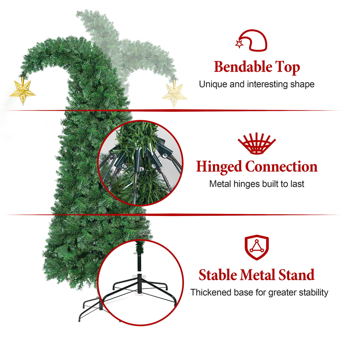 Firstness 6Ft Christmas Tree Crooked Neck, Prelit Artificial Xmas Tree with 250 Colorful Lights & 11 Modes, 825 Branch Tips, Storage Bag, PVC Bendable Top Christmas Tree