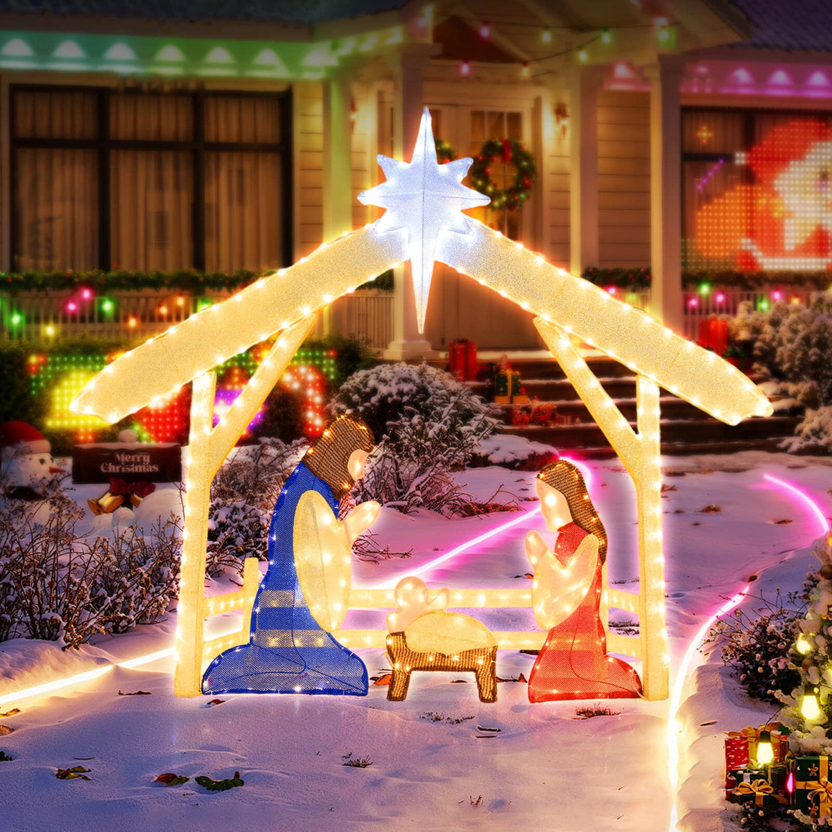 Costway 4 Ft Lighted Nativity Scene with 272 Warm & Cold White LED Lights, Ground Stakes