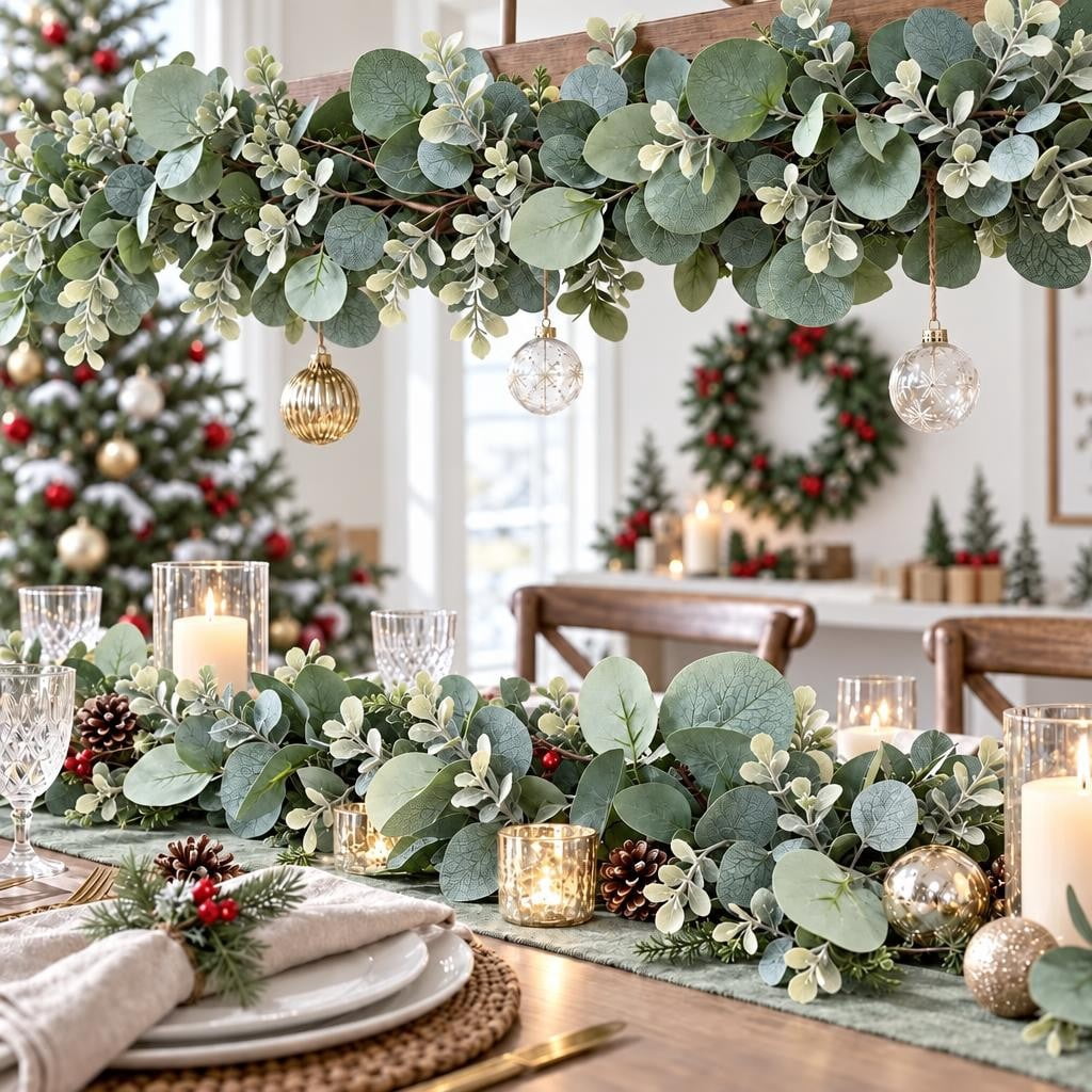 Scidweet Christmas Eucalyptus Garland, 2 Pcs 6.56 FT Artificial Greenery Garland Silver Dollar Leaves Boxwood Vines with White Buds for Home Wedding Party Table Mantle Xmas Decor