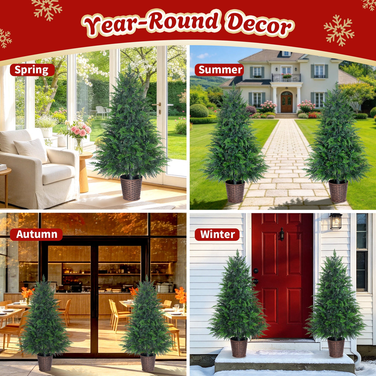 Firstness 4Ft Pre-Lit Potted Christmas Trees with 8 Lighting Modes, PE Cypress Artificial Tree for Porch Entryway Indoor Outdoor Decor