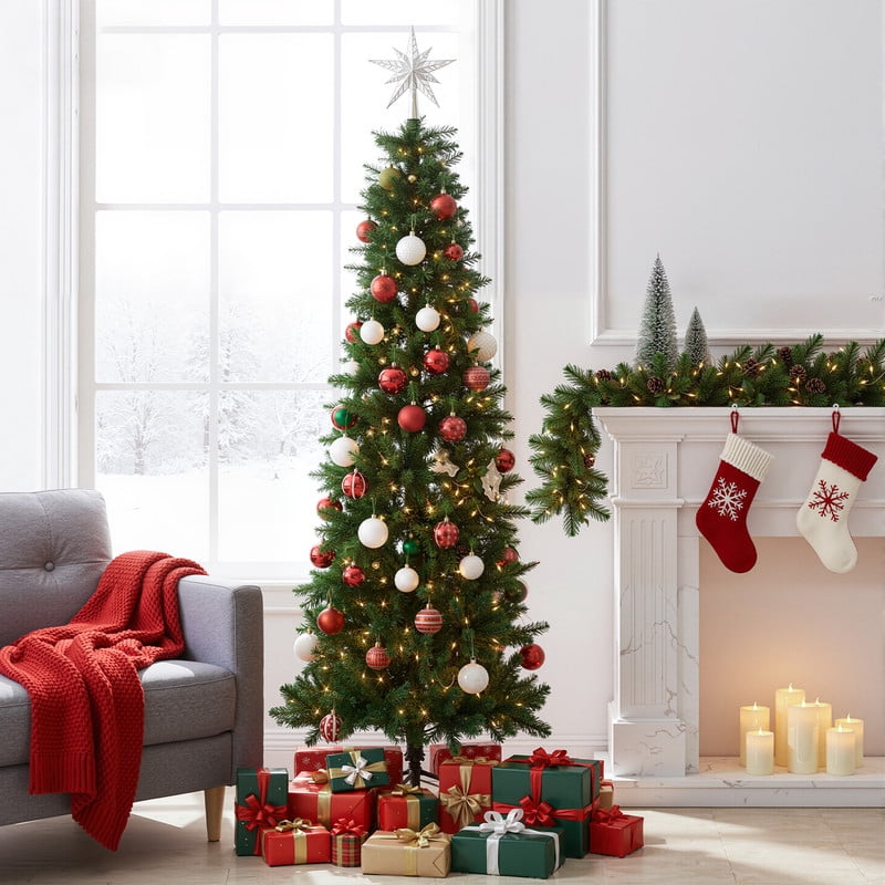 Gianna 4.5ft Pre-lit Pencil Christmas Tree, Green Artificial Spruce Slim Christmas Trees with 120 Incandescent Lights, 268 Branch Tips & Foldable Base for Home, Office, Party Decoration