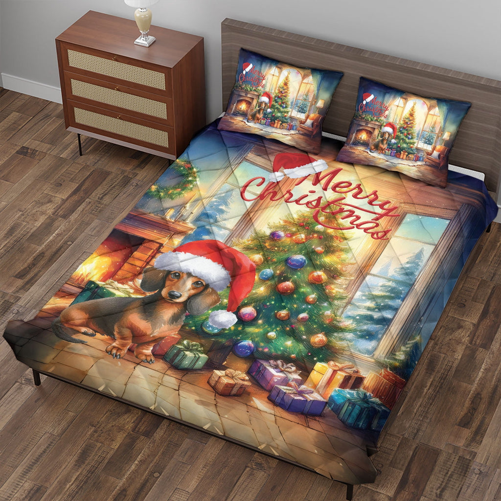 Merry Christmas French Bulldog Santa Hat Xmas Tree Winter Holiday Quilt Bedding Set Dog Lover Gifts 1 Blanket Bed Cover 2 Pillowcases - 01013