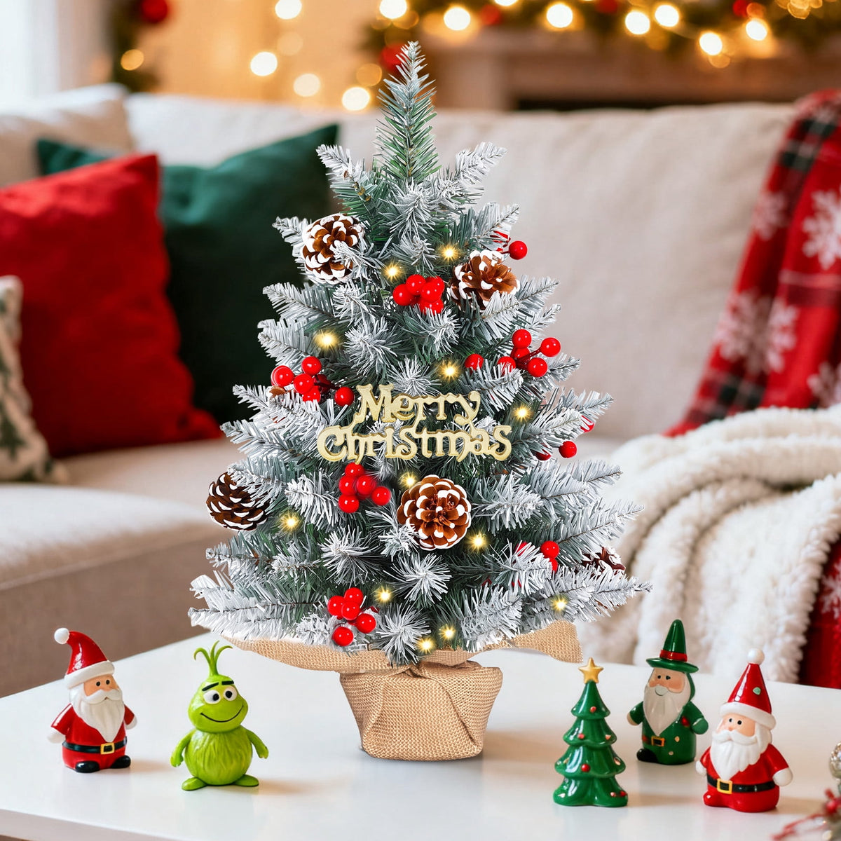 22" Mini Christmas Tree with 30 LEDs, Red Berries & Pinecones, DIY Kit, Battery Powered Tabletop Tree Christmas Decorations Gifts for Dorms, Offices, Home, Classrooms Desks & Small Spaces