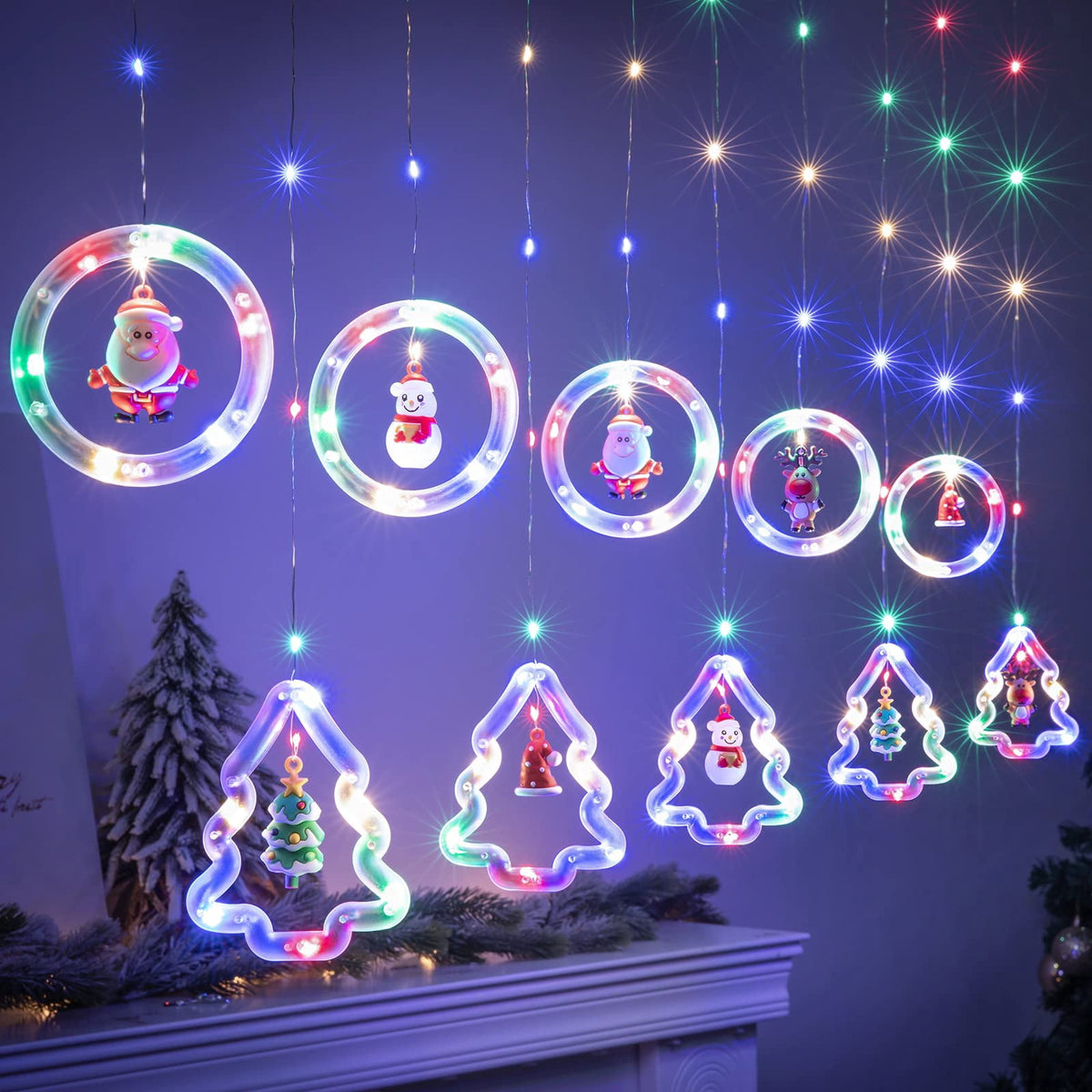 WILLED Christmas String Lights, 120 LED Window Curtain Lights with Christmas Ornaments, 9.8ft USB Powered Warm White Waterproof Fairy Lights Indoor Outdoor for Xmas Tree Patio Garden Party Home Decor