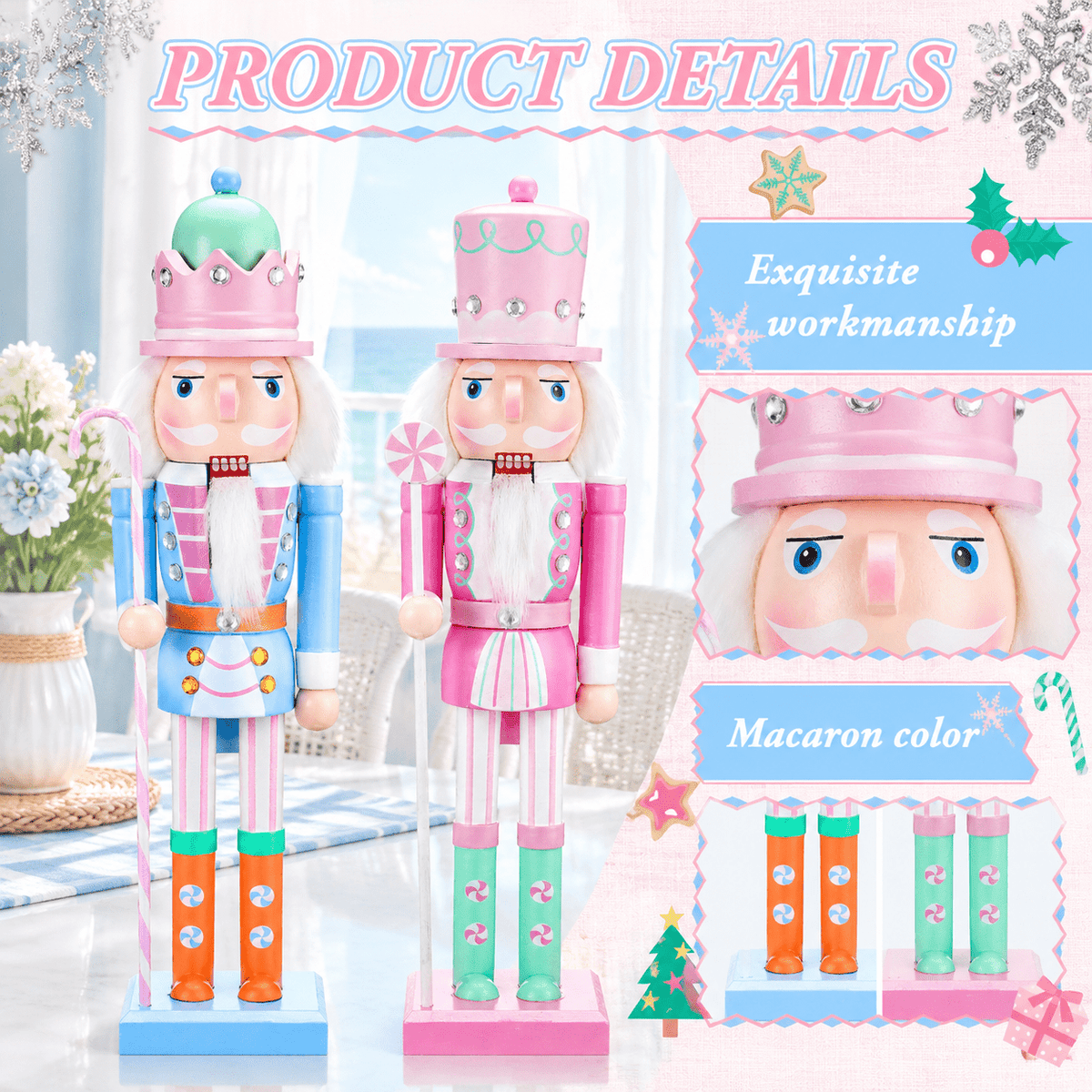 2 Pastel Nutcracker Christmas Figures, Festive Holiday Decor for Home