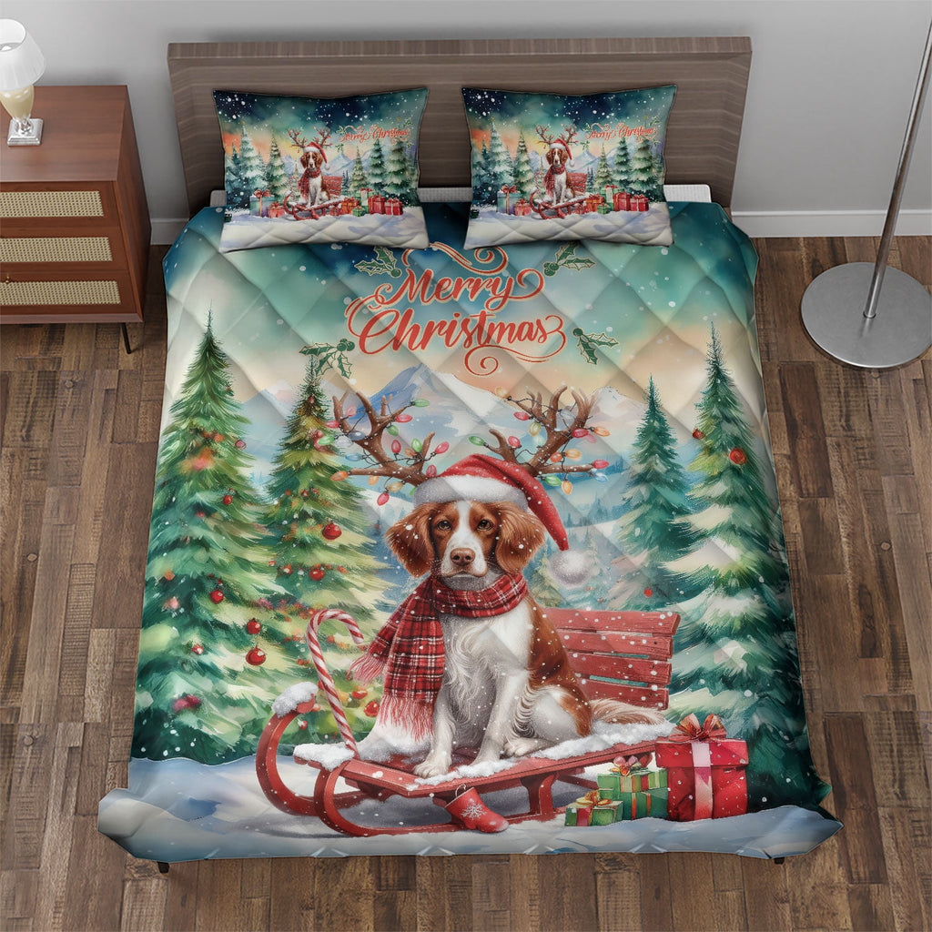 Merry Christmas Santa Reindeer Antlers French Bulldog Sleigh Xmas Winter Holiday Quilt Bedding Set Dog Lover Gifts 1 Blanket Bed Cover 2 Pillowcases - 00023