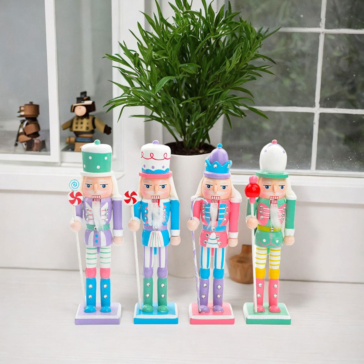 4 Pieces Christmas Nutcracker Ornaments Wooden Nutcracker Doll Decorative Statues Puppet for Shelves Home Decor Festival Xmas Gifts Holiday M