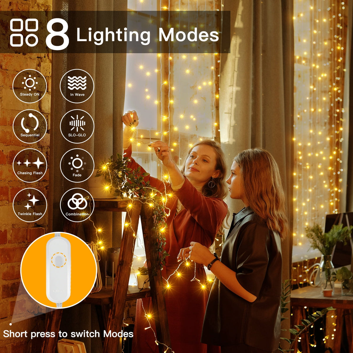 Ollny 66ft 200 LED Christmas String Lights , 8 Lighting Modes 3 Timing Waterproof Indoor Outdoor Xmas Decorative Lights, Warm-white