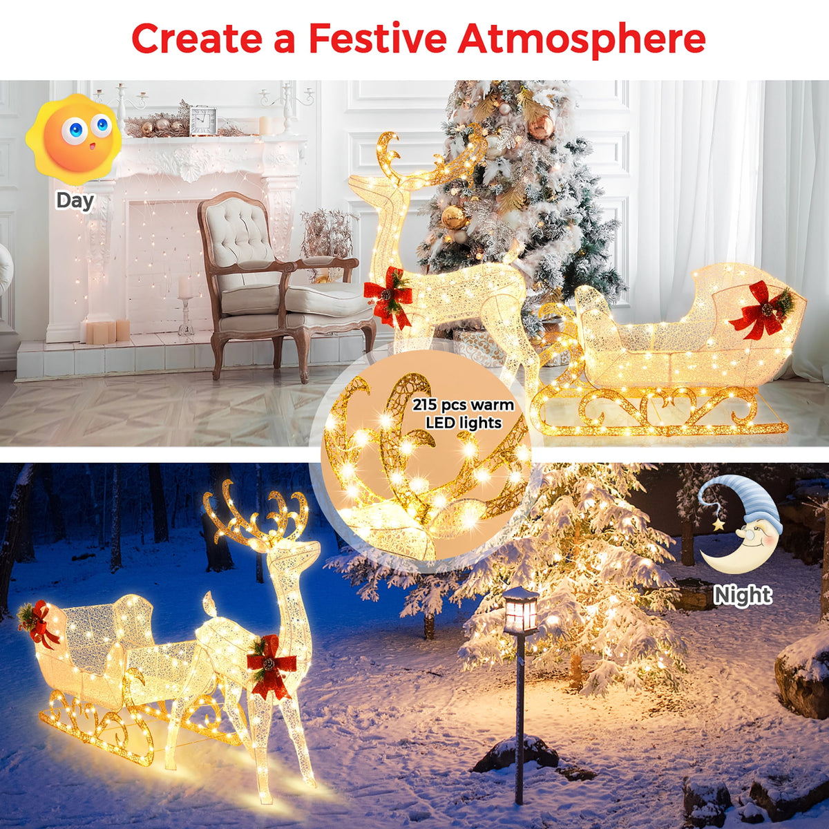 Costway 6 FT Christmas Lighted Reindeer & Santa's Sleigh W/ 215 LED Lights & 4 Stakes Gold