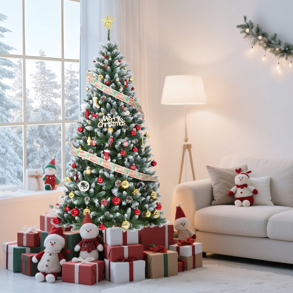 JoanKaren 7.5' Pre-Lit Green Artificial Christmas Tree,Metal Stand Full Xmas Tree with 600 Multicolor Lights