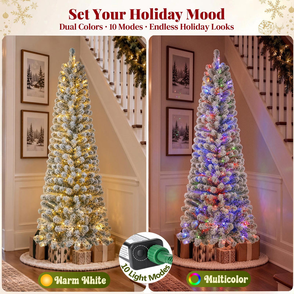 Goosiay 6ft Snow Flocked Pencil Christmas Tree, Pre-Lit Artificial Christmas Tree with 500 Tips, 250 Warm White & Multicolor Lights, 10 Modes, Slim Xmas Tree with Stand