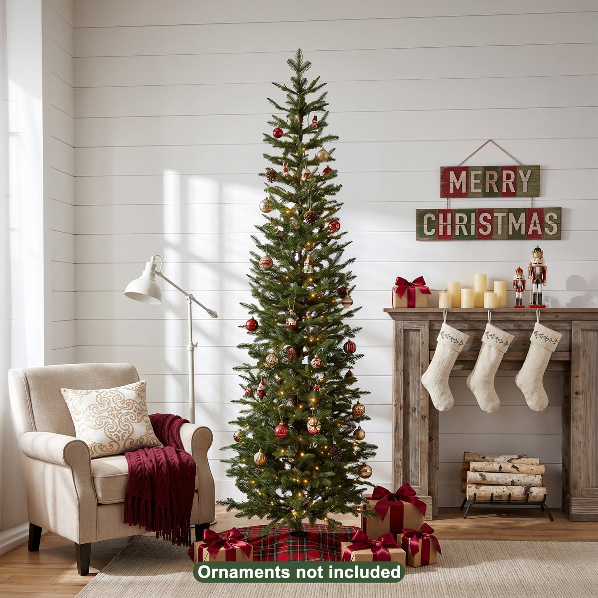DR.Planzen 6ft Prelit Pencil Christmas Tree with 150 Warm White LED Lights, 1571 PE Branch Tips, Iron Base, Slim Artificial Christmas Tree for Apartment, Entryway, Corner, Office