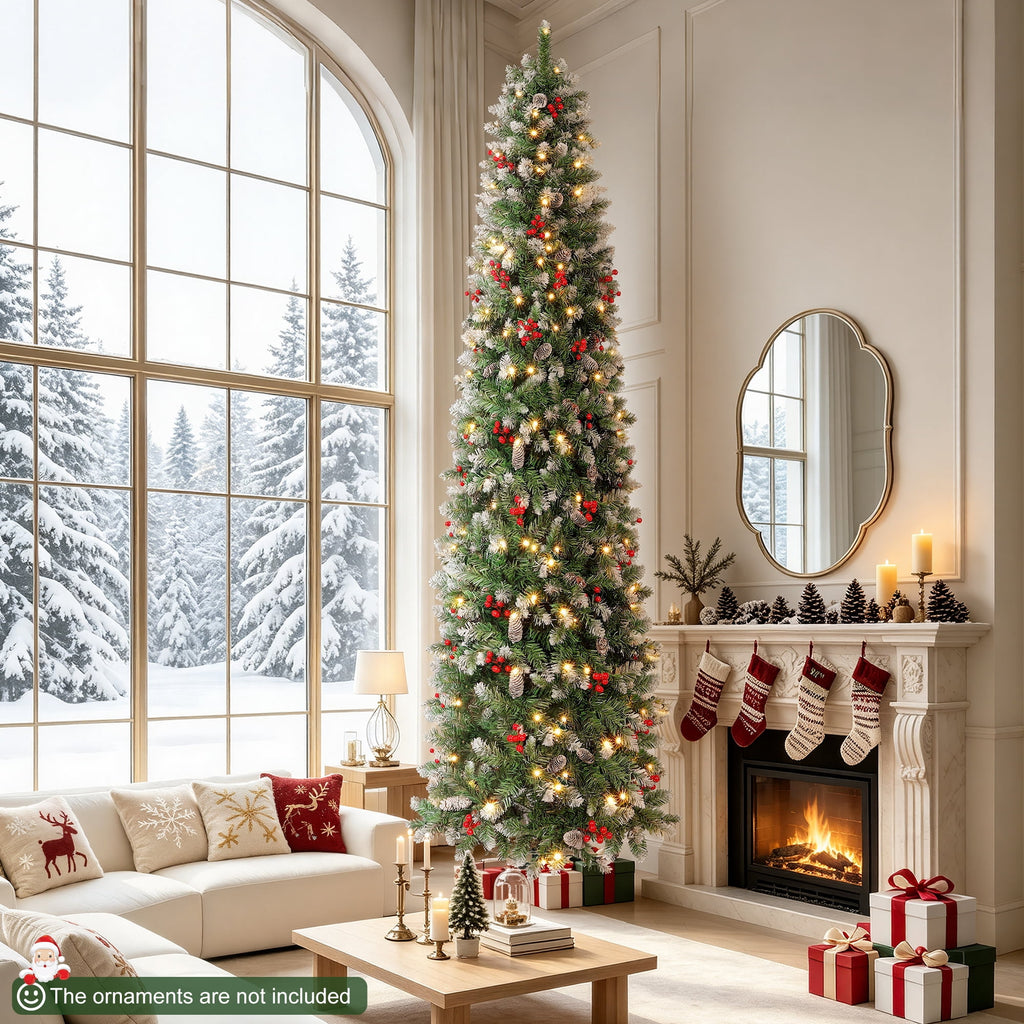 Aufeile 6ft Pencil Christmas Tree, Slim Pre-Lit Xmas Tree, 200 LED Lights, 600 Hinged Tips, Pine Cones, Berries, Metal Stand