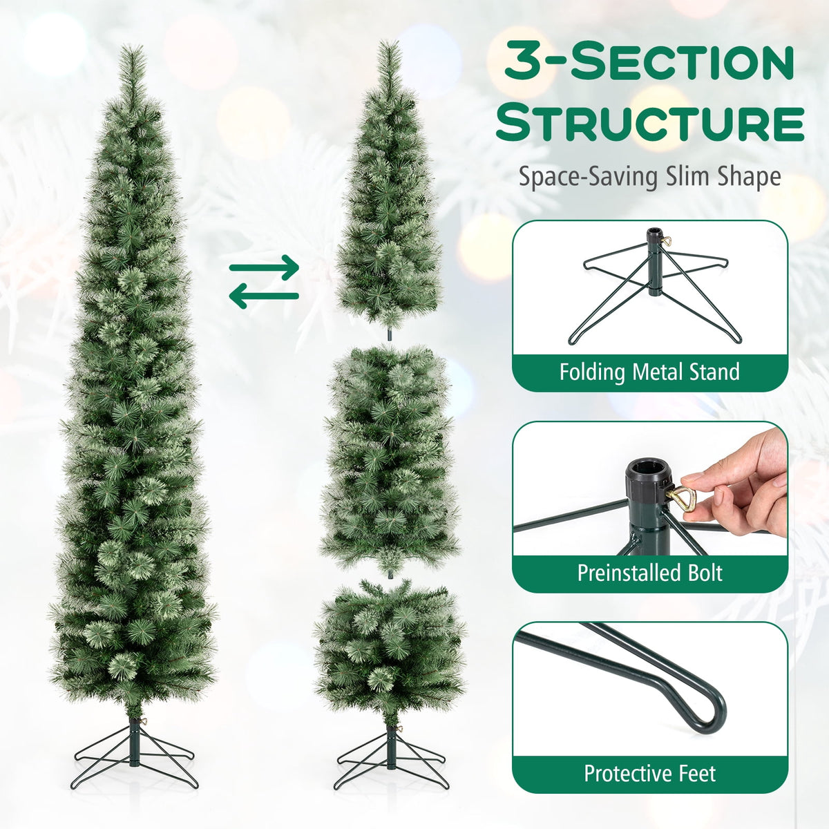Costway 7 FT Pre-Lit Pencil Artificial Christmas Tree with 150 LED Warm White Lights,8 Modes