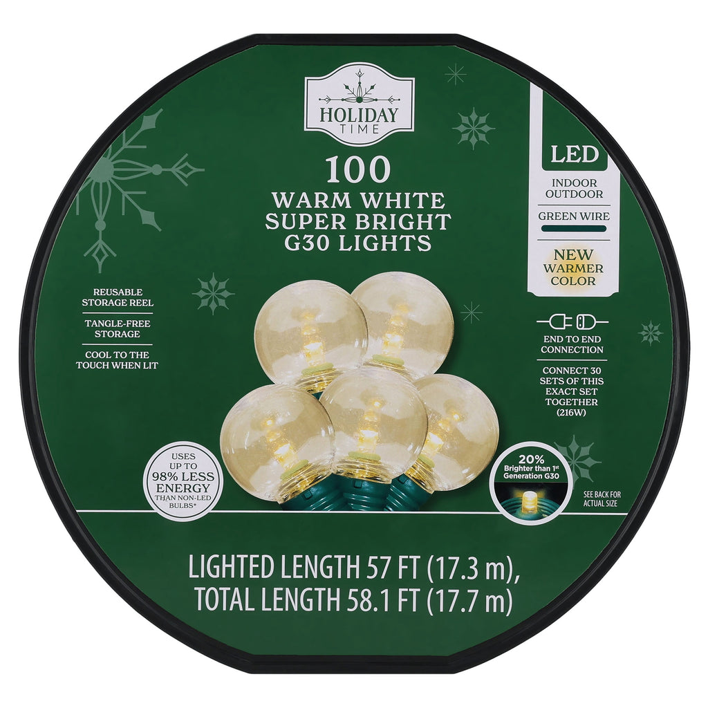 Indoor/Outdoor 100-Count LED Super Bright G30 Christmas String Lights, Warm White, Green Wire, 57', by Holiday Time