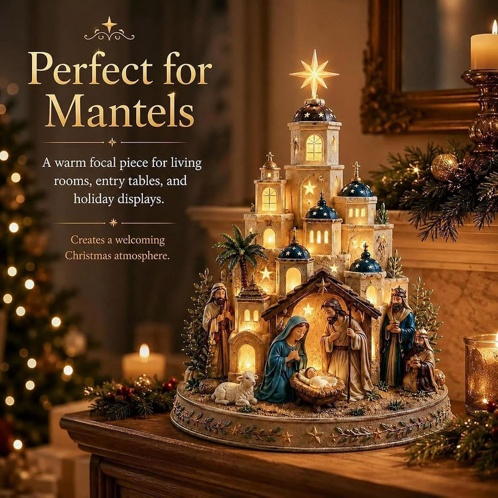 Bethlehem Nativity Church Light Tower, Lighted Nativity Scene Tabletop, Lighted Village Decoration with Star Accent Scene for Tabletop Home Display