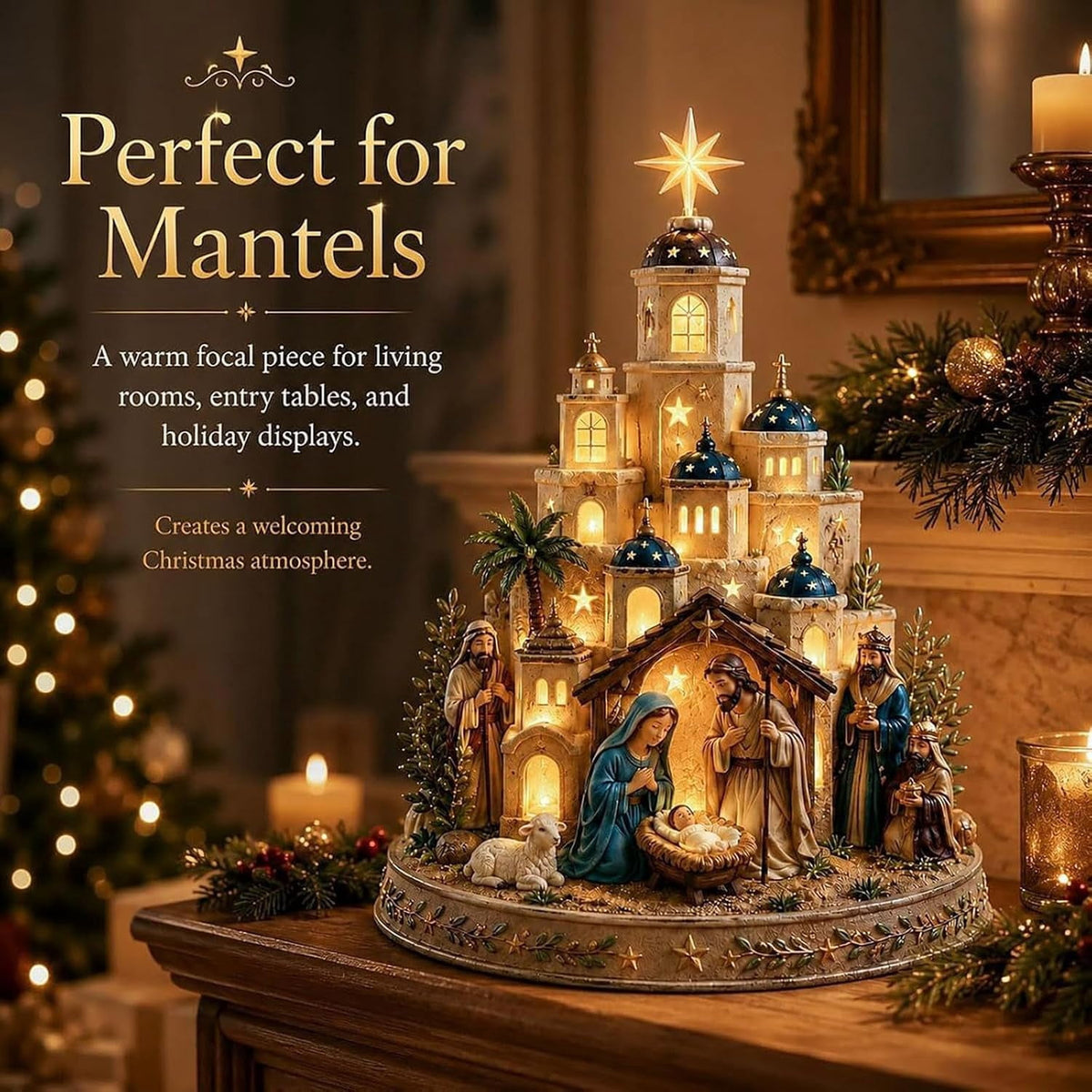 Bethlehem Nativity Church Light Tower, Lighted Nativity Scene Tabletop, Lighted Village Decoration with Star Accent Scene for Tabletop Home Display