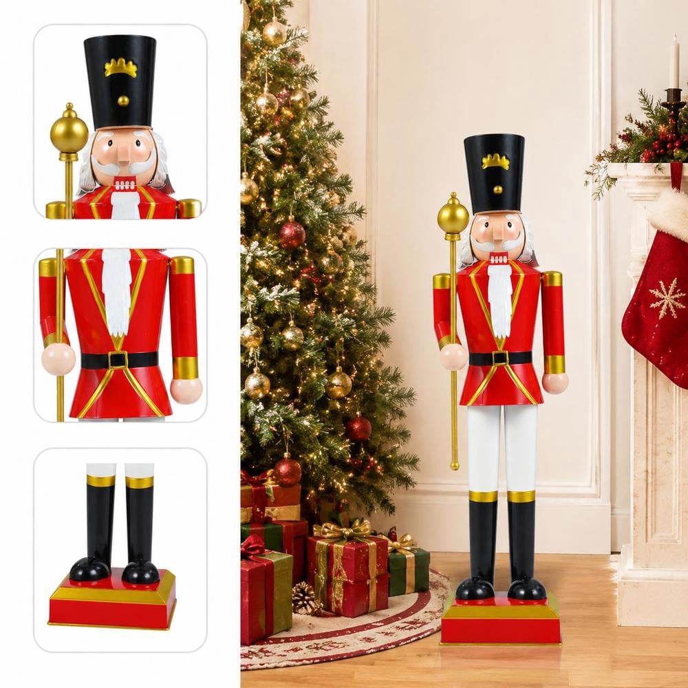 Christmas Nutcracker Decor, 32.5 Inch, with High Hat, Scepter, Metal Frame, Storage Compartment, Black & Red