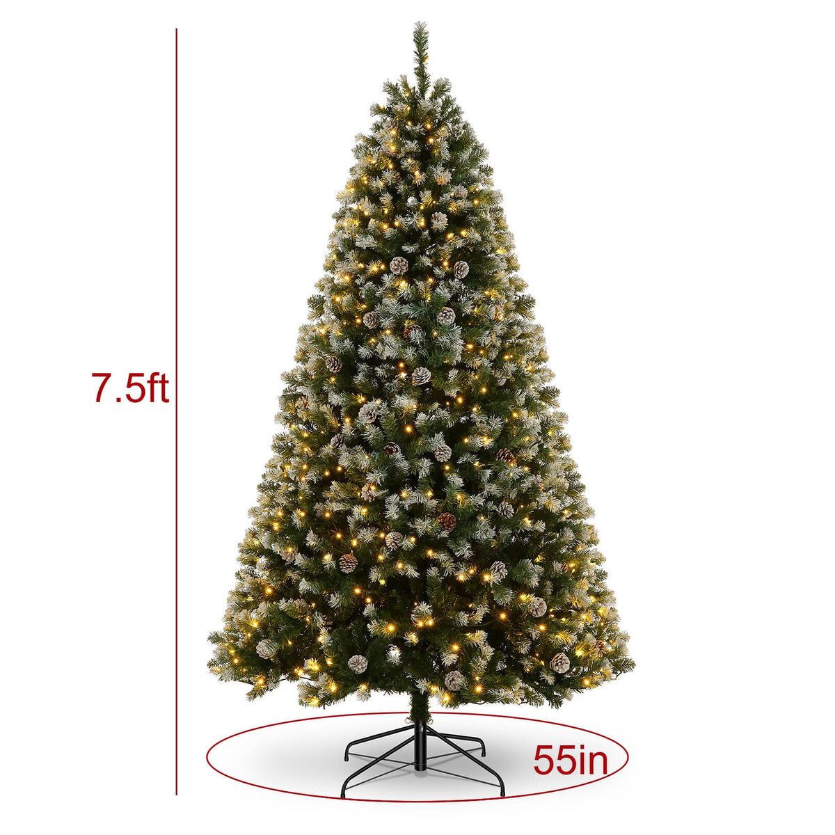 Funcid 6ft Artificial Christmas Tree with 8 Adjustable Light Flash Rate Modes, Decorated Xmas Tree with Pine Cones, Hinged Partially Flocked Christmas Tree with Foldable Metal Base