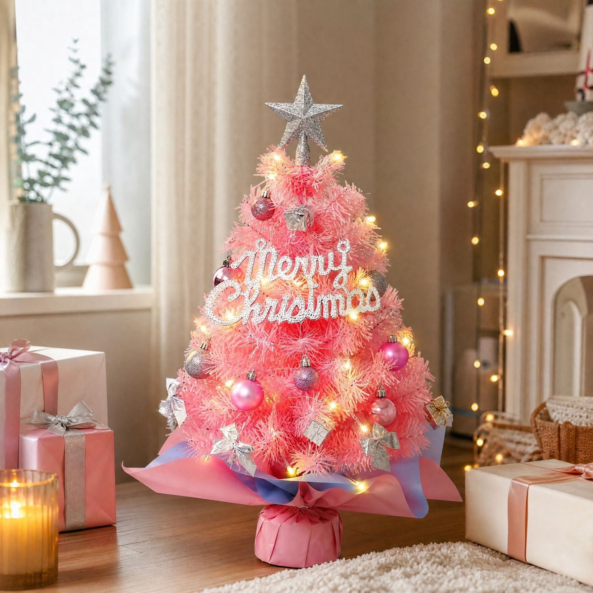 DIY Beaded Christmas Tree Kit - Handmade Mini Tabletop Xmas Tree with Santa Topper, Built-In Warm Lights, Holiday Decor Craft Gift for Adults