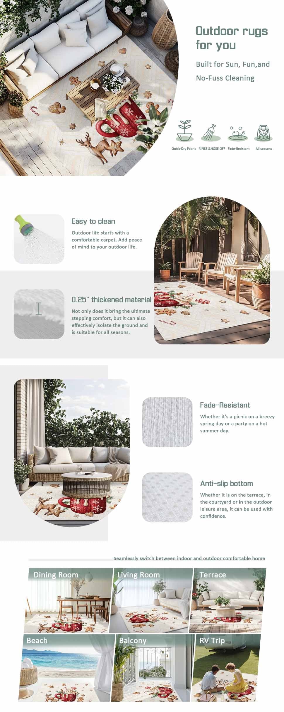 Christmas Outdoor Rug for Patio/Deck/Porch, Non-Slip Large Area Rug 6 x 9 Ft, Xmas Deer Ice Cream Cookies Candy Pine Needles Indoor Outdoor Rugs Washable Area Rugs, Camping Rug Carpet Runner
