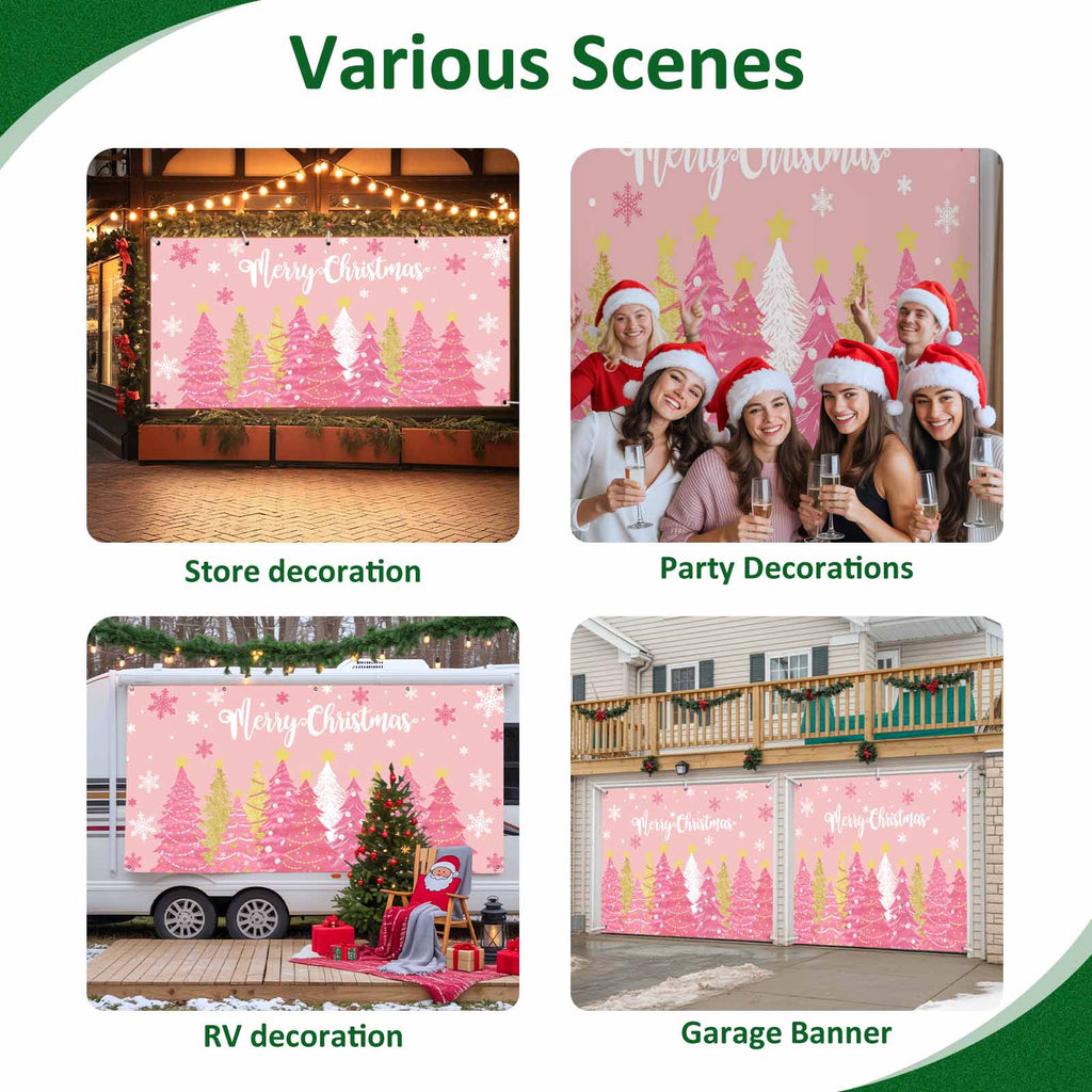 Fsddascl 7 x 16 Ft Christmas Garage Door Cover, Black Christmas Tree Large Garage Door Banner, Xmas Snowflake Green Golden Hanging Garage Mural Background for Indoor Outdoor Xmas Party Supplies