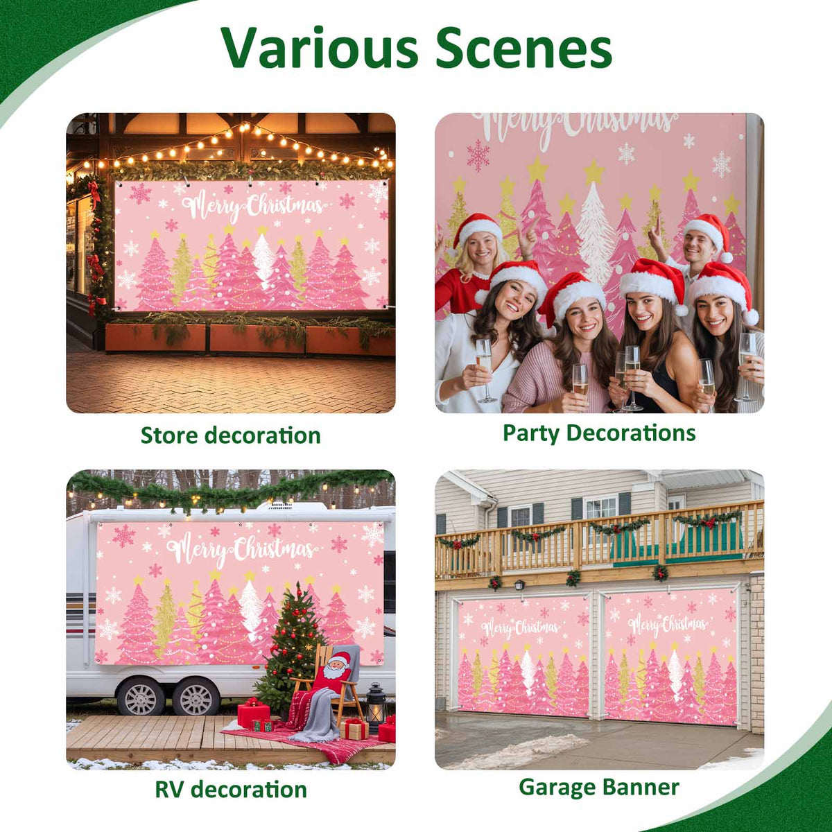 Fsddascl 7 x 16 Ft Christmas Garage Door Cover, Black Christmas Tree Large Garage Door Banner, Xmas Snowflake Green Golden Hanging Garage Mural Background for Indoor Outdoor Xmas Party Supplies