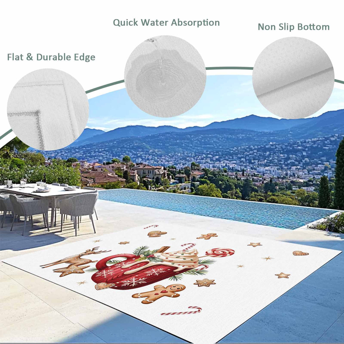 Christmas Outdoor Rug for Patio/Deck/Porch, Non-Slip Large Area Rug 6 x 9 Ft, Xmas Deer Ice Cream Cookies Candy Pine Needles Indoor Outdoor Rugs Washable Area Rugs, Camping Rug Carpet Runner